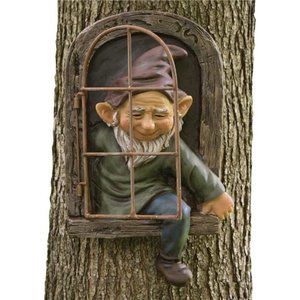 12-inch Elf Out The Door Tree Hugger - Yard Decorations-Whimsical Tree Sculpture